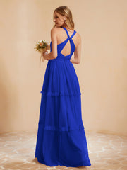 Robe de A-ligne Plissée en Tulle Longueur au Sol Bleu Royale Grande Taille