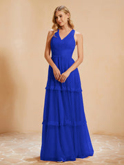 Robe de A-ligne Plissée en Tulle Longueur au Sol Bleu Royale Grande Taille