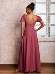 Robe en Mousseline à Col en Scoop avec Manches Flottantes et Fente Cannelle Rose