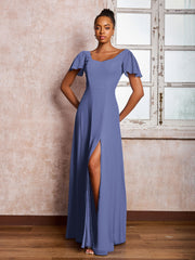 Robe en Mousseline à Col en Scoop avec Manches Flottantes et Fente Pervenche