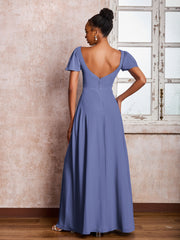 Robe en Mousseline à Col en Scoop avec Manches Flottantes et Fente Pervenche