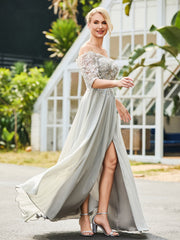 Robe Appliquée Florale en Dentelle et Paillettes Argent