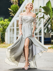 Robe Appliquée Florale en Dentelle et Paillettes Argent