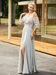 Robe Appliquée Florale en Dentelle et Paillettes Argent