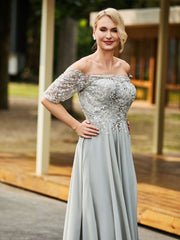 Robe Appliquée Florale en Dentelle et Paillettes Argent