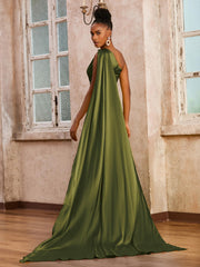Robe Longue À Épaule Dénudée Avec Ribbons Olive Verte