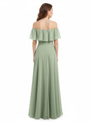 Hors De l'Épaule Mousseline Longueur Complète Robe Sauge Poudrée
