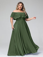Hors De l'Épaule Mousseline Longueur Complète Robe Olive Verte Grande Taille