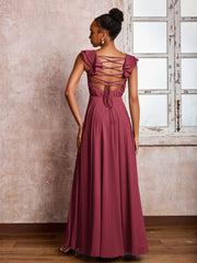 Maxi Robe de Demoiselle d'Honneur en Mousseline avec Bretelles à Volants Cannelle Rose