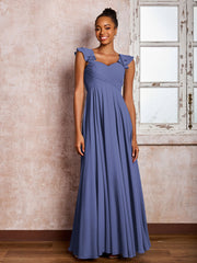Maxi Robe de Demoiselle d'Honneur en Mousseline avec Bretelles à Volants Pervenche