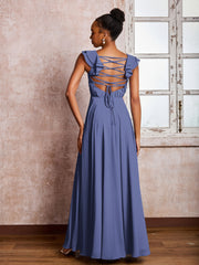 Maxi Robe de Demoiselle d'Honneur en Mousseline avec Bretelles à Volants Pervenche