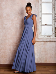 Maxi Robe de Demoiselle d'Honneur en Mousseline avec Bretelles à Volants Pervenche