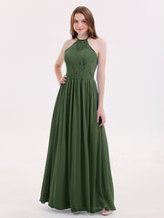 Mousseline Licou Maxi Robe avec Bustier Dentelle Olive Verte