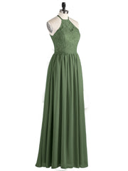 Mousseline Licou Maxi Robe avec Bustier Dentelle Olive Verte