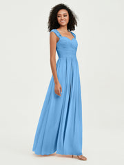 Col En Cœur Mousseline Robes Avec Dentelle Mancherons Bleu