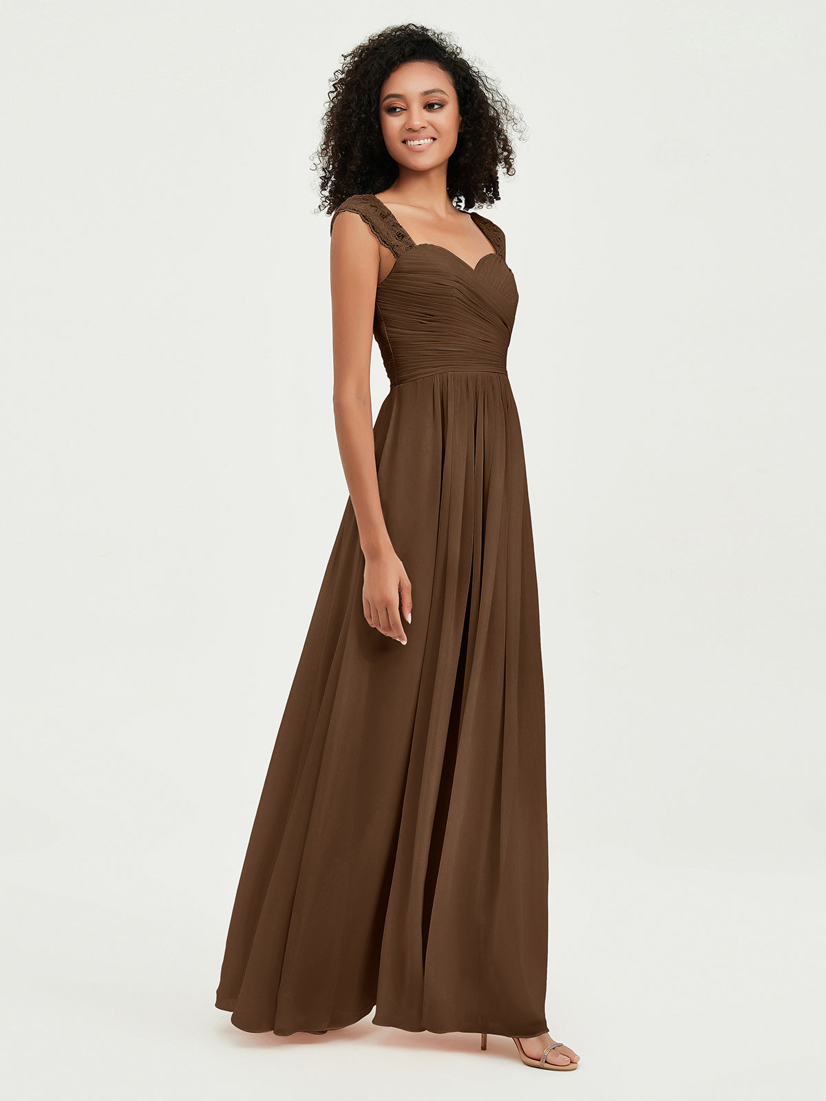 Col En Cœur Mousseline Robes Avec Dentelle Mancherons Brun
