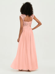 Col En Cœur Mousseline Robes Avec Dentelle Mancherons Corail