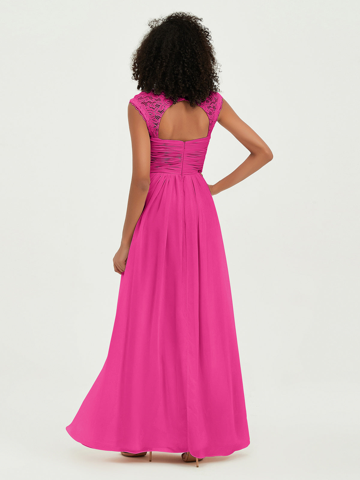Col En Cœur Mousseline Robes Avec Dentelle Mancherons Fuchsia