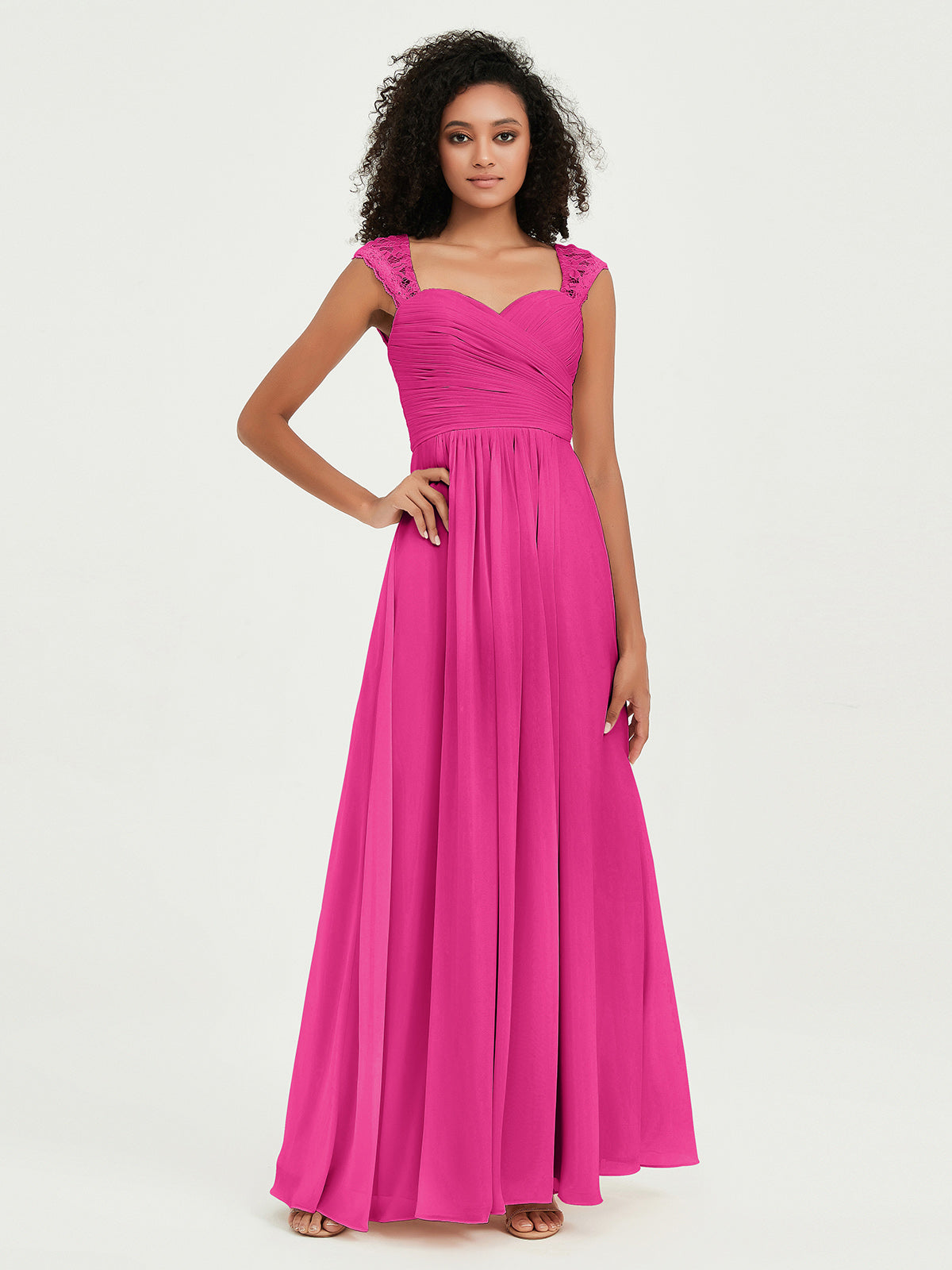 Col En Cœur Mousseline Robes Avec Dentelle Mancherons Fuchsia
