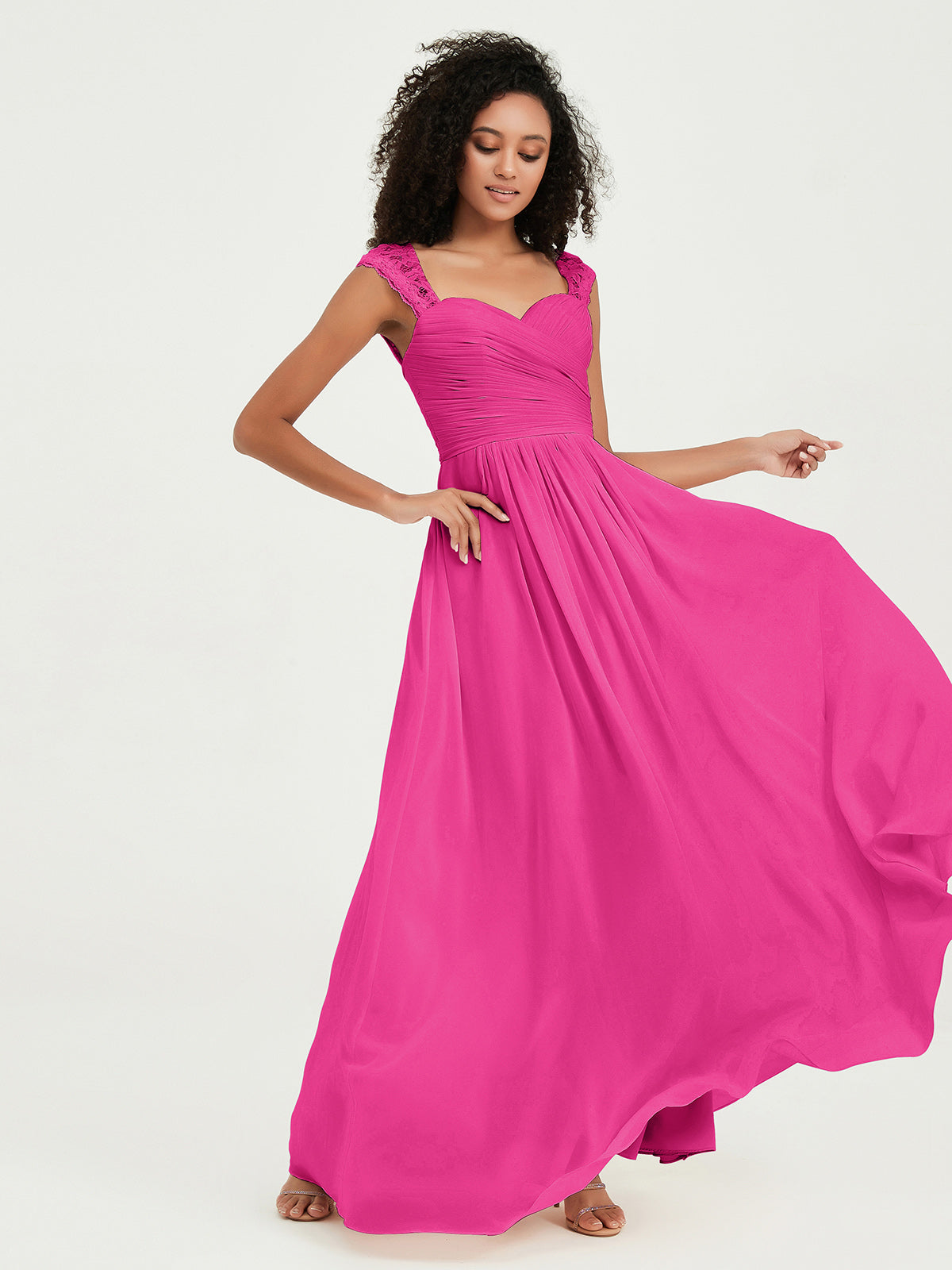 Col En Cœur Mousseline Robes Avec Dentelle Mancherons Fuchsia