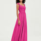 Col En Cœur Mousseline Robes Avec Dentelle Mancherons Fuchsia