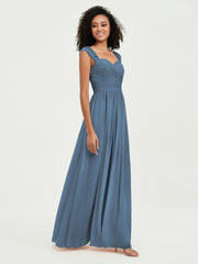 Col En Cœur Mousseline Robes Avec Dentelle Mancherons Bleu de Schiste