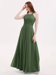 Longue Mousseline Licou Robes Demoiselle d'Honneur Olive Verte Grande Taille