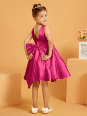 Robe de Fille Courte à A-ligne avec Nœud Fuchsia