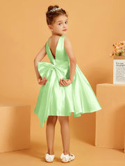 Robe de Fille Courte à A-ligne avec Nœud Sauge
