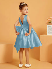 Robe de Fille Courte à A-ligne avec Nœud Bleu de Schiste