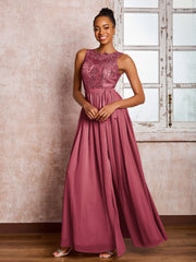 Maxi Robe en Mousseline avec Haut en Dentelle et Col Illusion avec Nœud Cannelle Rose