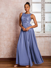 Maxi Robe en Mousseline avec Haut en Dentelle et Col Illusion avec Nœud Pervenche