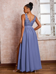 Maxi Robe en Mousseline avec Haut en Dentelle et Col Illusion avec Nœud Pervenche