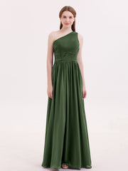 Une Epaule Mousseline Longue Robes Demoiselle d'honneur Olive Verte