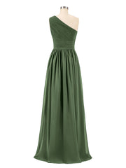 Une Epaule Mousseline Longue Robes Demoiselle d'honneur Olive Verte