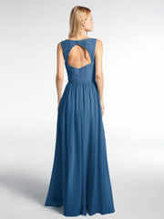 Robe Maxi Dentelle Top à Col en V avec Jupe en Mousseline Bleu Encre