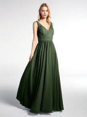 Robe Maxi Dentelle Top à Col en V avec Jupe en Mousseline Olive Verte
