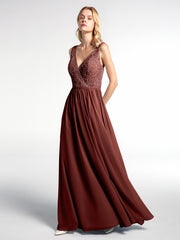 Robe Maxi Dentelle Top à Col en V avec Jupe en Mousseline terracotta