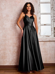 Maxi Robe en Satin à Bretelles Spaghetti avec Poches Noir