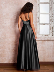 Maxi Robe en Satin à Bretelles Spaghetti avec Poches Noir