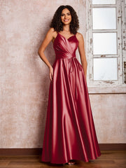 Maxi Robe en Satin à Bretelles Spaghetti avec Poches Bordeaux