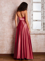 Maxi Robe en Satin à Bretelles Spaghetti avec Poches Bordeaux