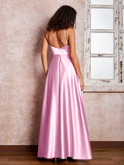 Maxi Robe en Satin à Bretelles Spaghetti avec Poches Rose Bonbon