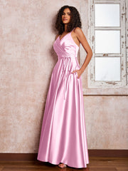 Maxi Robe en Satin à Bretelles Spaghetti avec Poches Rose Bonbon