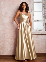 Maxi Robe en Satin à Bretelles Spaghetti avec Poches Champagne