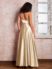 Maxi Robe en Satin à Bretelles Spaghetti avec Poches Champagne