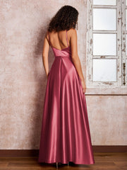 Maxi Robe en Satin à Bretelles Spaghetti avec Poches Cannelle Rose