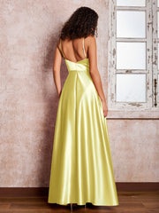 Maxi Robe en Satin à Bretelles Spaghetti avec Poches Jonquille