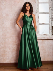 Maxi Robe en Satin à Bretelles Spaghetti avec Poches Vert Foncé