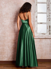Maxi Robe en Satin à Bretelles Spaghetti avec Poches Vert Foncé